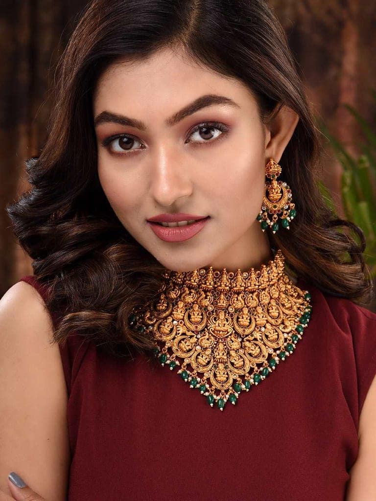 Gold Plated Intricate Temple Design Dangling Green Beads Choker Jewellery Set view 9