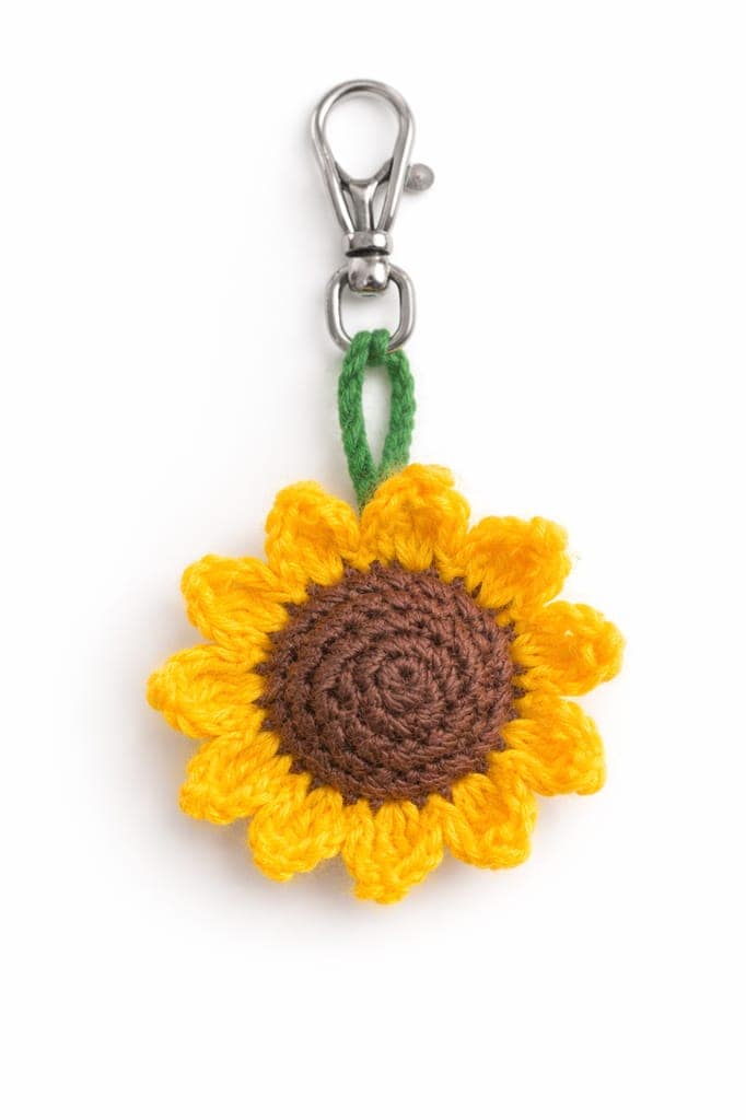 Handmade Crocheted Sunflower Keychain with Metal Clasp