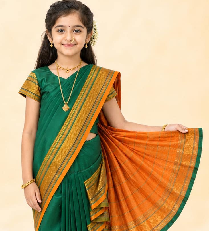 luster Shahi Mastani Nauvari saree for kids/girls Ready-to-wear with a stitched blouse, Traditional Maharashtrian Marathi saree, for School program ganpati pujas festival (Green, 13-14 Years) view 2