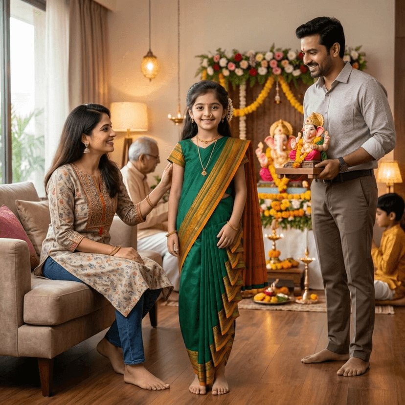 luster Shahi Mastani Nauvari saree for kids/girls Ready-to-wear with a stitched blouse, Traditional Maharashtrian Marathi saree, for School program ganpati pujas festival (Green, 13-14 Years) view 3
