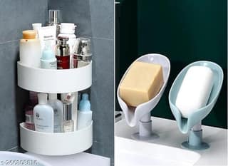 Soap Dish 2 + Corner Shelves 2 Adhesive Plastic Wall Shelf (4 Shelves)