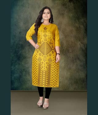 Hetsa Women Rayon Printed A-line Kurti ( Yellow )