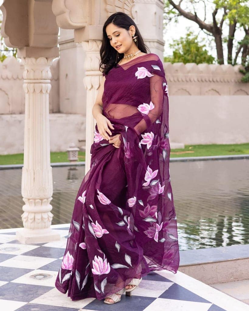 Organza Silk Saree Magenta Purple Color Hand Painted with running blouse-8482 view 2