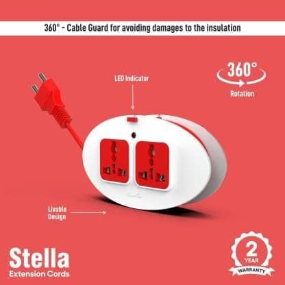 Fybros Stella 2 Pin 2 Socket Extension Cord Safety Shutter,Indicator & Heavy Duty Cable 2 Socket Extension Boards (White, Red, 2.5 m) view 2