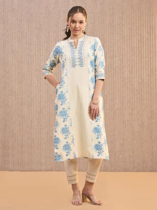 Ivory And Blue Cotton Flax Printed Kurti With Embroidery