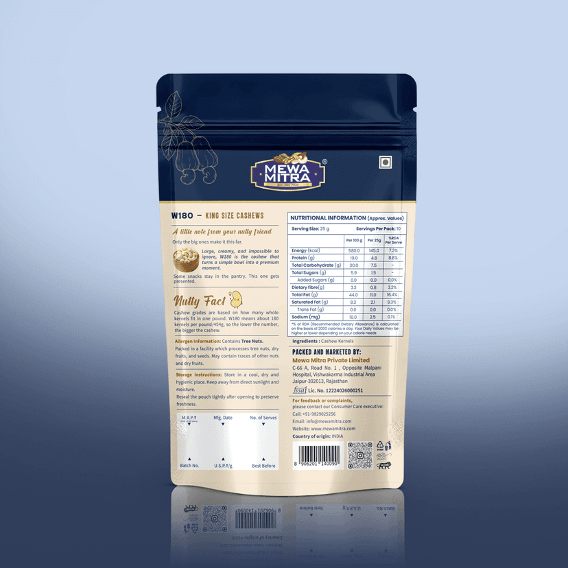 Mewa Mitra Prime Cashews W180 250g | Premium Jumbo Whole Kaju | Natural High Protein Dry Fruits view 2