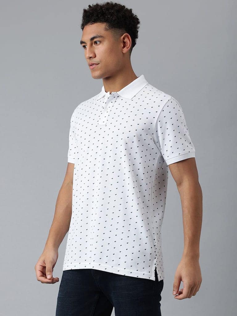 Men White Dotted Regular Fit Polo Neck T-Shirt view 3