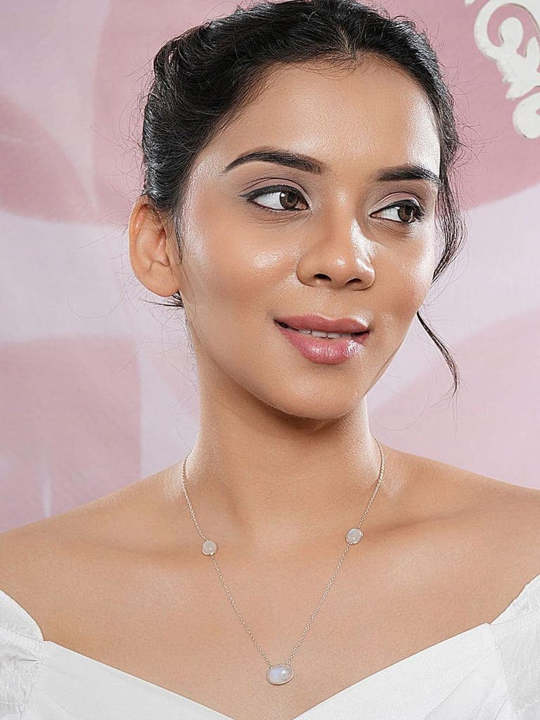 925 Sterling Silver White Moonstone Gemstone Studded Minimal Boho Necklace & Chain view 3