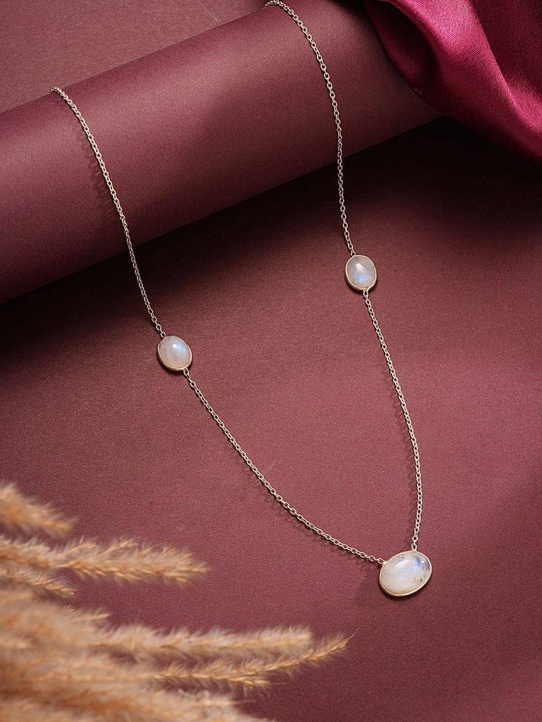 925 Sterling Silver White Moonstone Gemstone Studded Minimal Boho Necklace & Chain view 7