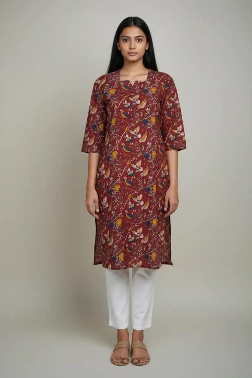 Pedana Kalamkari Screen-Print Cotton Kurti in Maroon and Orange