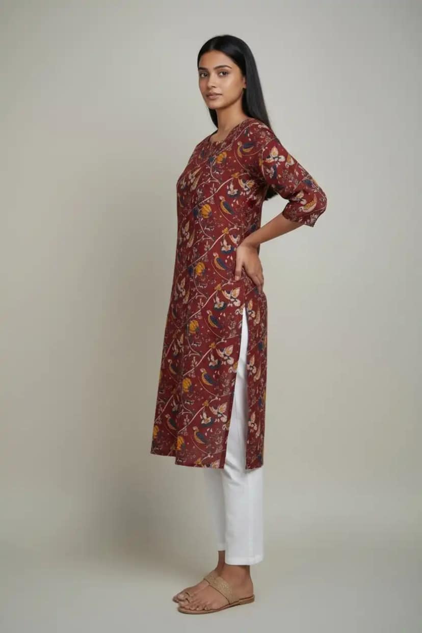 Pedana Kalamkari Screen-Print Cotton Kurti in Maroon and Orange view 2