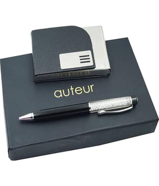 auteur 2in1 Corporate Gift Set Crystal Diamond Black (Blue Ink) Ball Pen With Premium RFID safe Black Pu Leather Card Wallet Magnetic Clouser Ideal for Every Gifting Occasion| Gift For Men|Women|Boss|Friends|Birthday|Anniversary(VCH52)