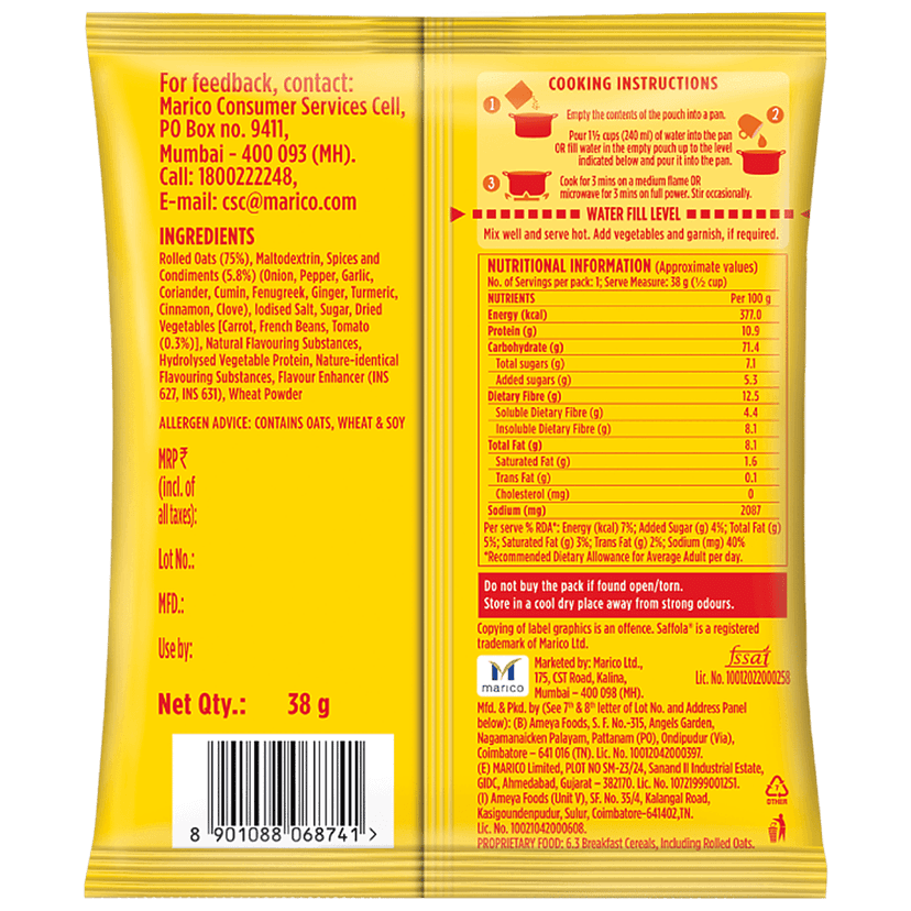 Saffola Masala Oats - Peppy Tomato, Fibre Rich, Healthy Snack, 38 G view 2