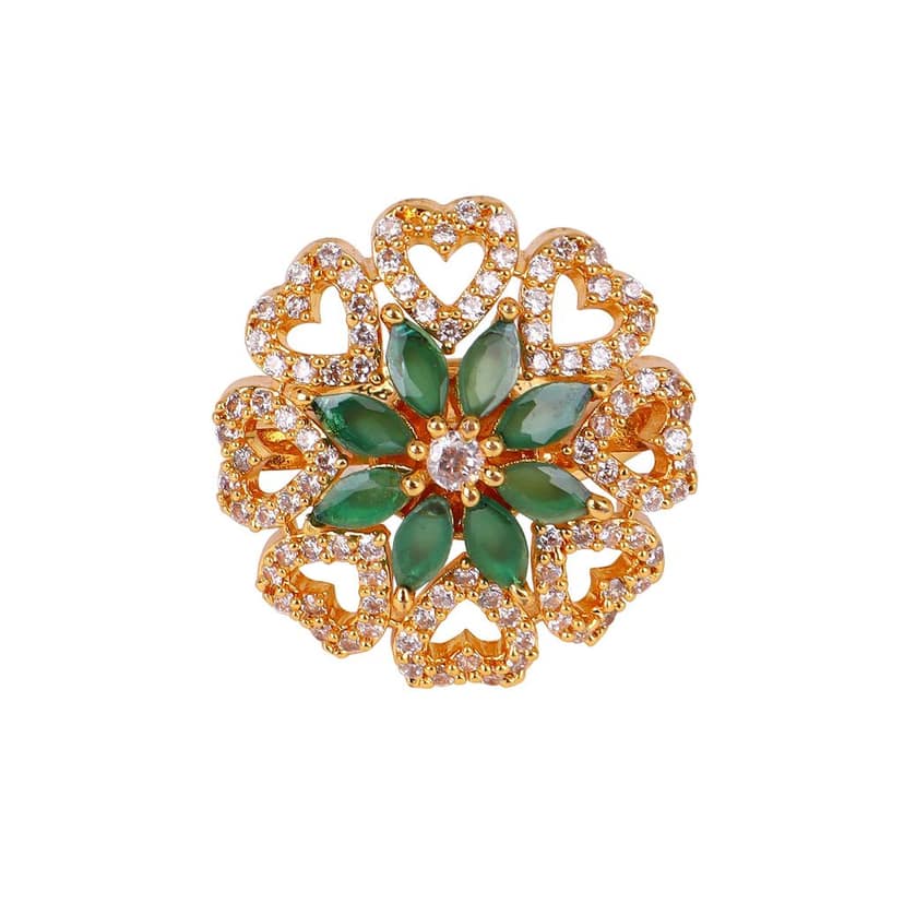 Cardinal American Diamond Gold Plated Green Color Ring & Earrings view 2