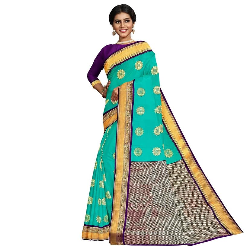 Teal Blue Color Korvai Saree Has Contrast Pallu and Border with Unstitched Blouse view 2