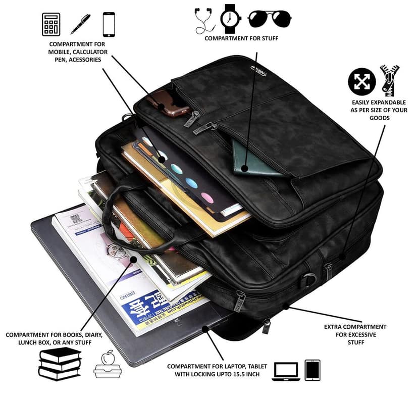 Black Color Faux Leather 28L Laptop Messenger Bag For Men BG62 view 5
