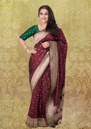 Preorder : Exquisite Celebrity Banarasi Katan Silk Saree in Garnet with Chunri Buttis and resplendant pallu | SILK MARK CERTIFIED