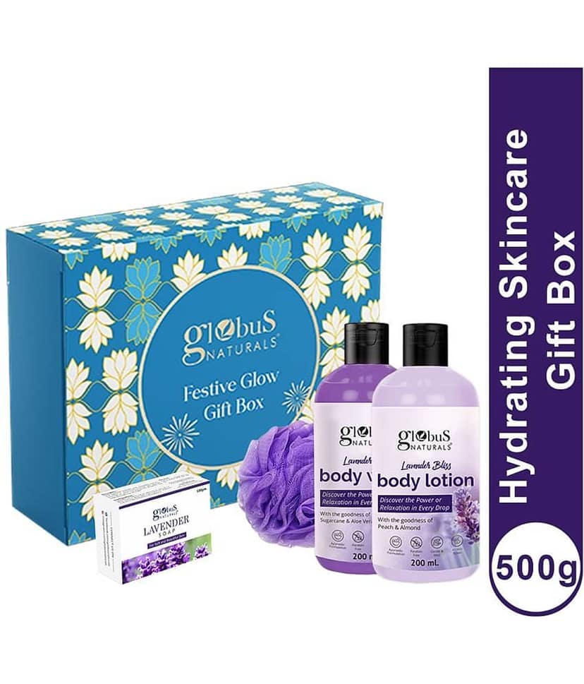 Globus Naturals Lavender Love Skincare Gift Box - Body Lotion 200 ml, Soap Bar 100 gm & Body Wash 200 ml with Loofa