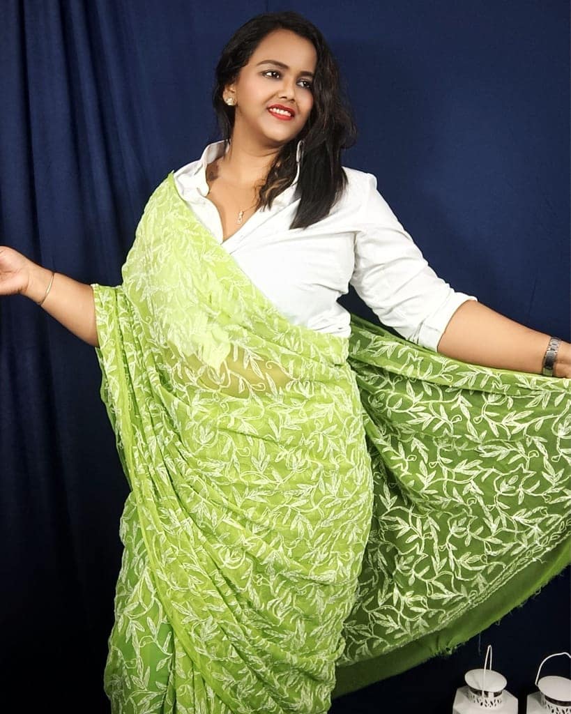 Georgette HandCrafted Saree Moss Green Color Tepchi work with Running Blouse-6173 view 3