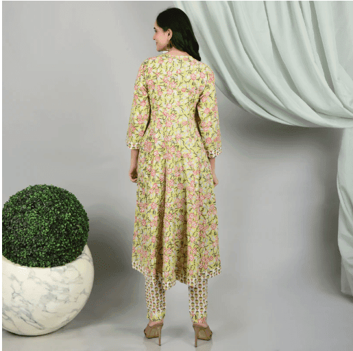 Pistachio Green Hand Block Prints/ 100%Cotton Suit/Lotus view 3