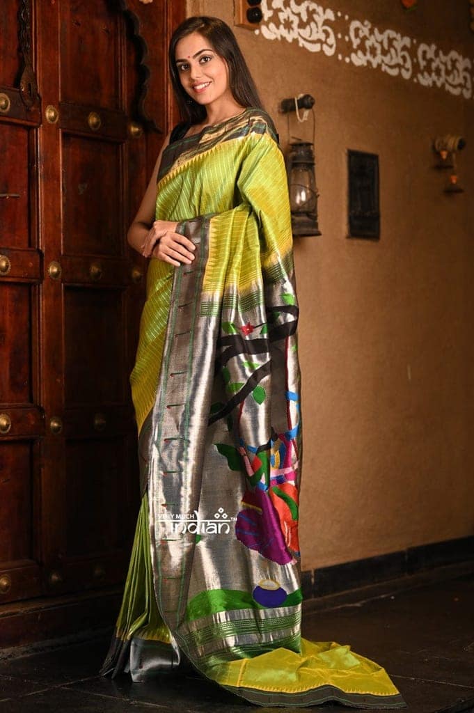 Abhimaan ~ Premium Handloom Pure Silk Muniya Border in unique combination of Light Parrot Green,Silver Zari and Intricate Big Radha Krishna Pallu view 2