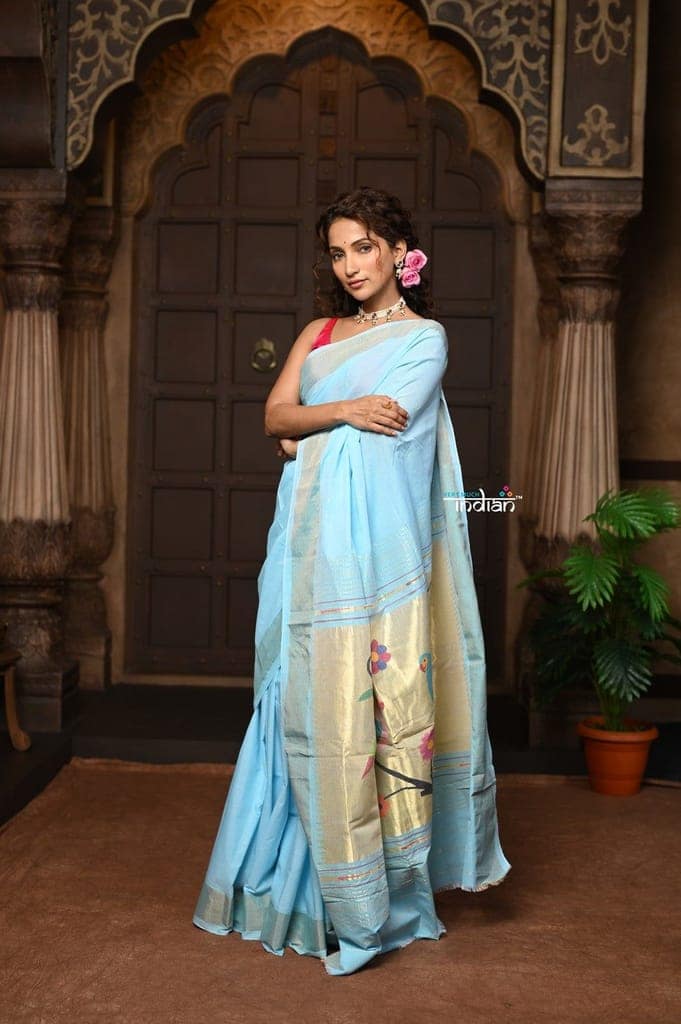 Parampara ~ Pure Cotton Paithani Saree with Exquisite Parrot Pallu in Powder Blue view 2