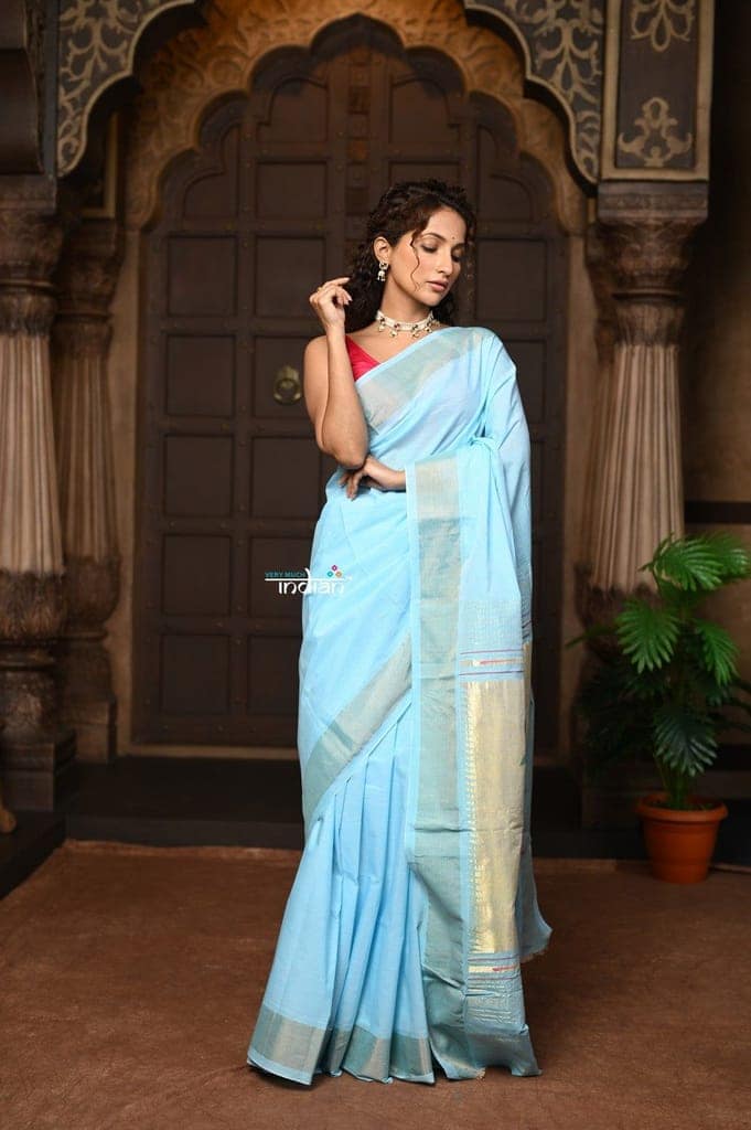 Parampara ~ Pure Cotton Paithani Saree with Exquisite Parrot Pallu in Powder Blue view 3