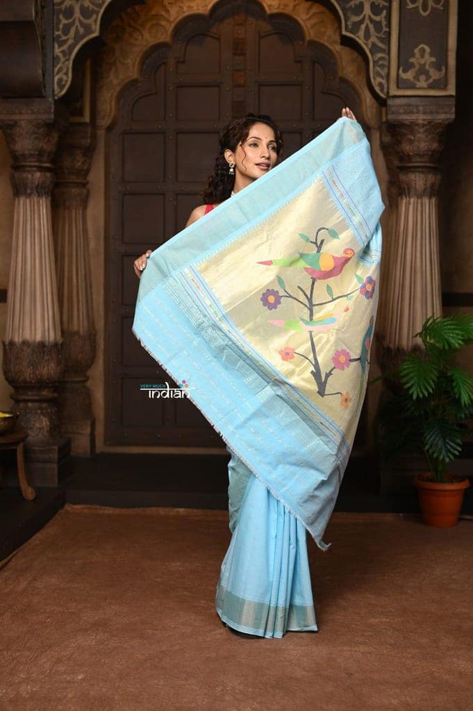 Parampara ~ Pure Cotton Paithani Saree with Exquisite Parrot Pallu in Powder Blue view 5
