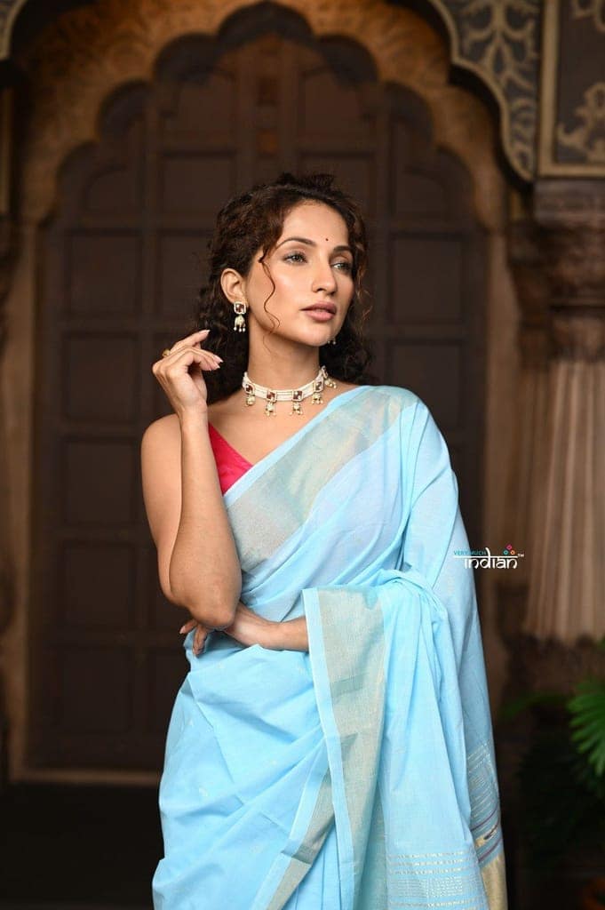 Parampara ~ Pure Cotton Paithani Saree with Exquisite Parrot Pallu in Powder Blue view 6