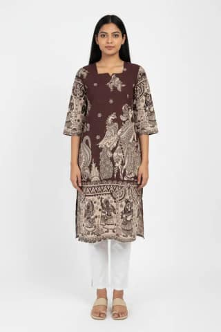 Pattachitra Print Cotton Kurti Chocolate Brown