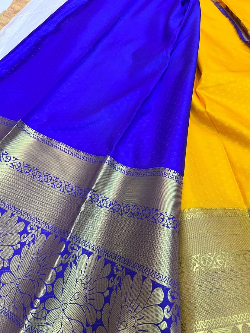 Yellow Color Long Border Saree with Gold Zari work Contrast Pallu and Plain Bordered Blouse view 2
