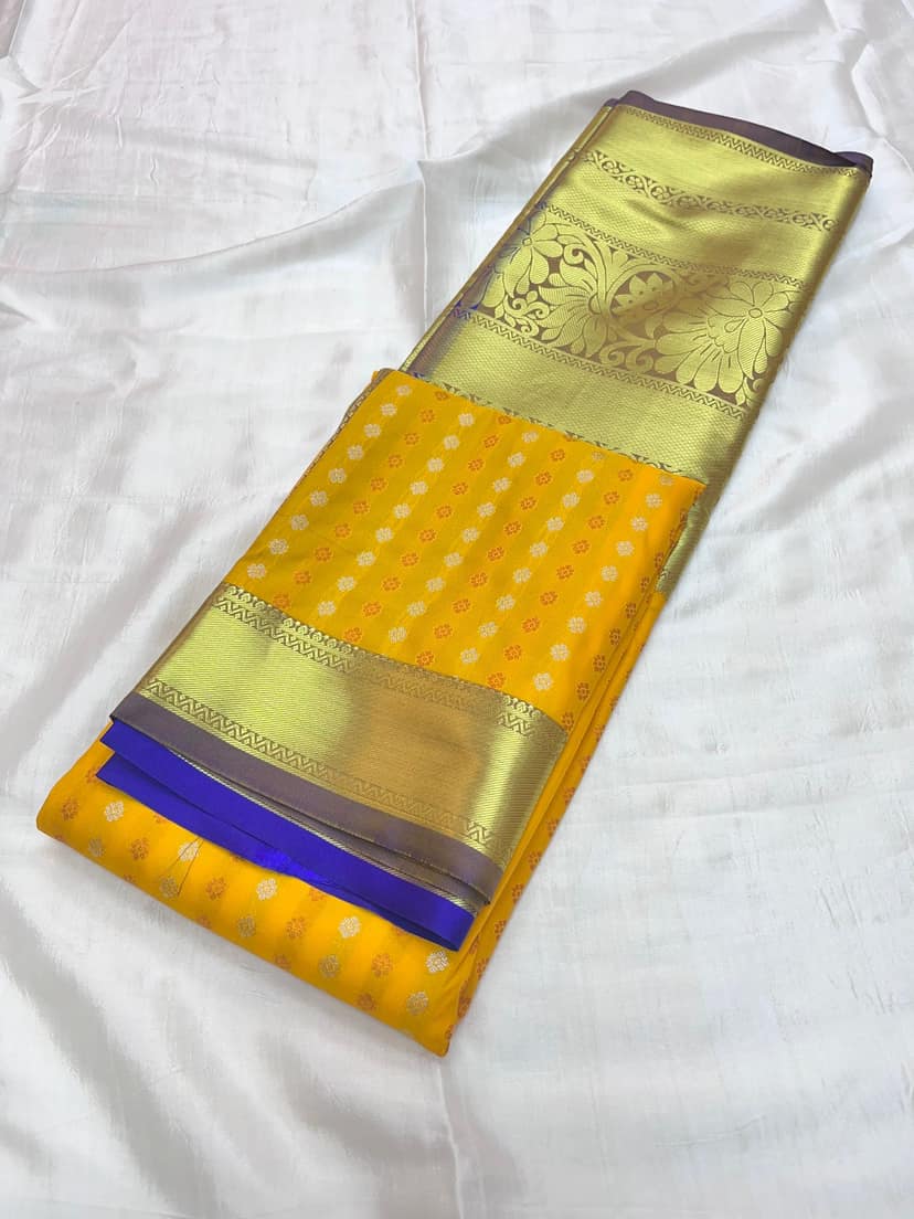 Yellow Color Long Border Saree with Gold Zari work Contrast Pallu and Plain Bordered Blouse view 3