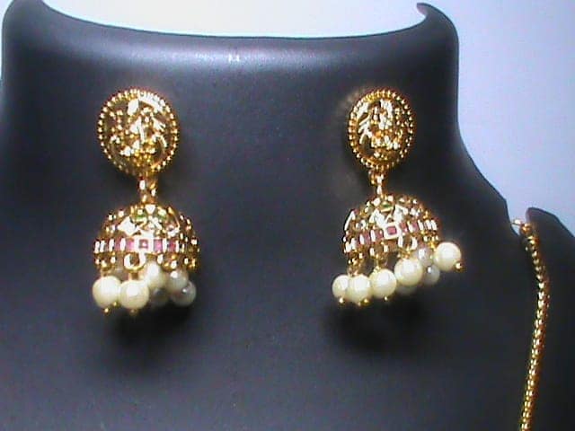 Traditional Indian Gold Plated Laxmi Pendant Set with Earrings view 3