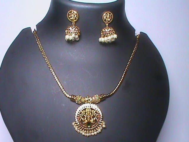 Traditional Indian Gold Plated Laxmi Pendant Set with Earrings view 4