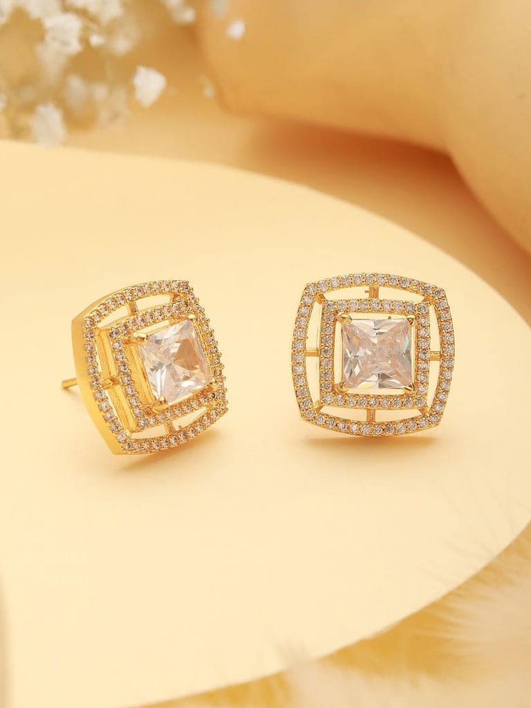 Gold Plated AD Studded Delicate Minimal Maze Solitaire Studds Earrings view 3