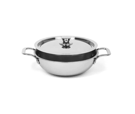 WEKTU Triply Stainless Steel Kadhai with Lid – 20 cm Diameter, 1.5 L Capacity, Induction Compatible
