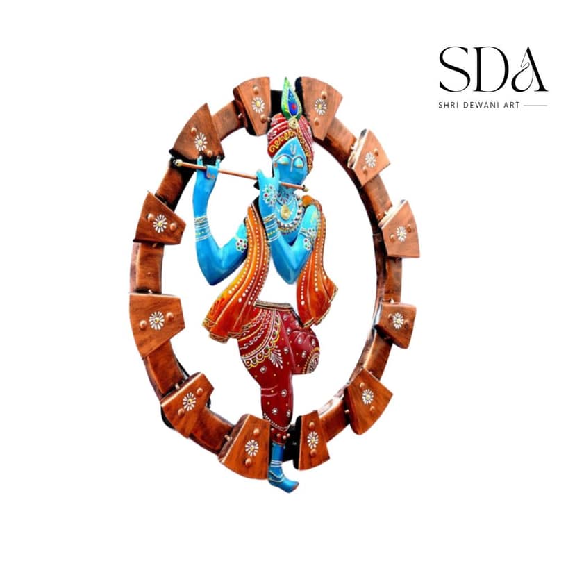 Iron Lord Krishna With Flute Wall Art With LED In Multicolour, view 2