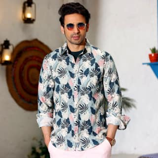 Philodendron Selloum Shades White and Powder Blue Casual Pure Linen Full Shirt (Size - XL) by BLUE EAGLE