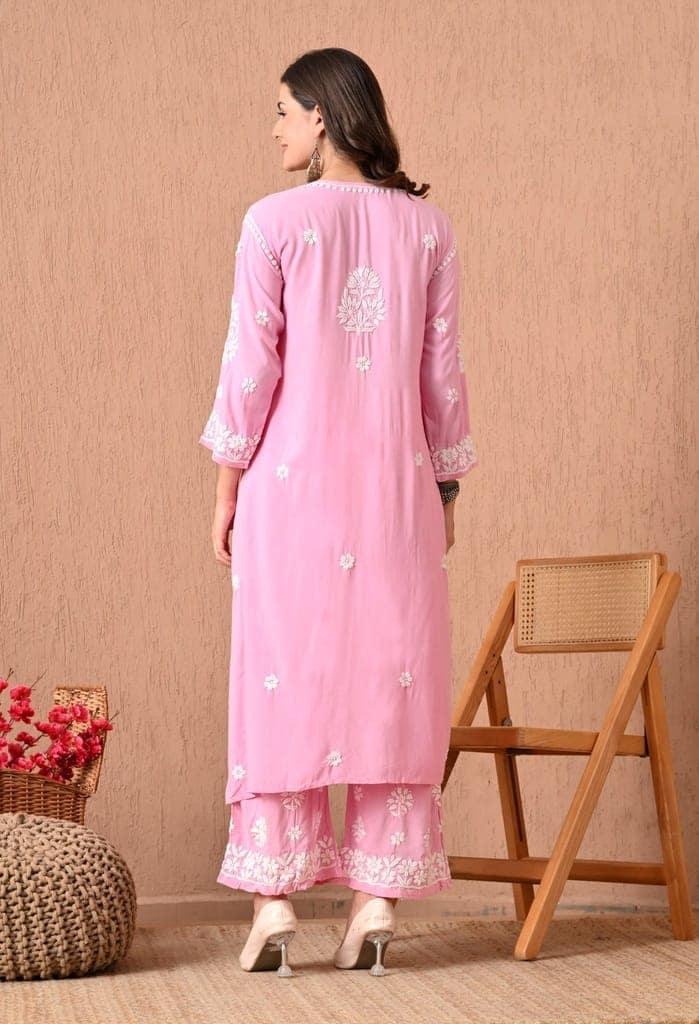 Hand Embroidered Chikankari Plazo Set 3d Work- Pink view 5