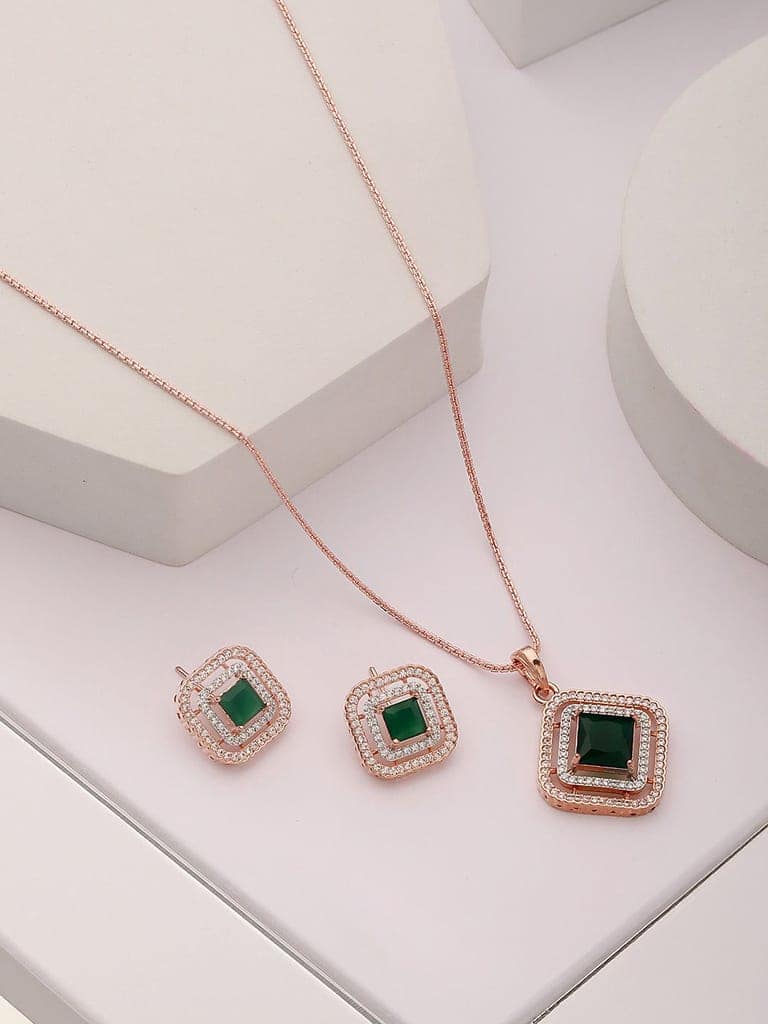 Rose Gold Plated Emerald Green AD Studded Square Pendant Jewellery Set view 3