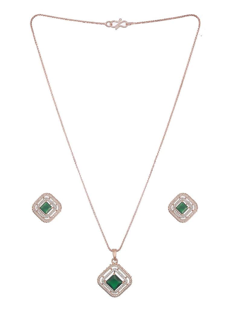 Rose Gold Plated Emerald Green AD Studded Square Pendant Jewellery Set view 6