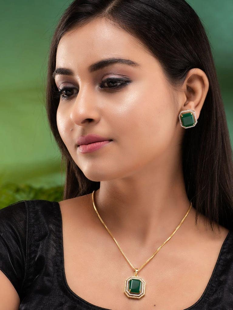 GoldPlated White & Green AD Studded Jewellery Set view 2