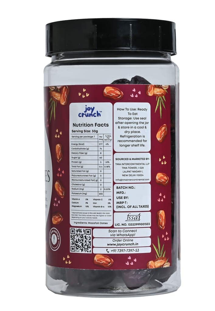 Joy Crunch Khajoor Dates 500gm | Khajur Dry Fruit | Rich in Iron, Fibre & Vitamins | Mazafati Premium Dates | Khajur Dry Fruits | Healthy & Nutritious Soft Dates | Dates Kimia 500 grams view 7