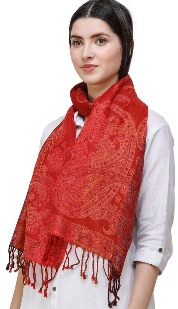 Tomato Reversible Jamawar Scarf from Amritsar with Woven Paisleys view 2