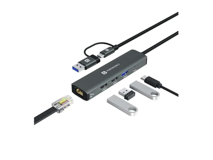 Portronics Mport Edge,5 Ports Dual USB Hub Dock, Superfast USB 3.0, High Speed 2.0, Type-C 5V2A Port, 100 Mbps RJ45 Ethernet, Versatile & High-Speed Connectivity Hub for Laptops & Desktops