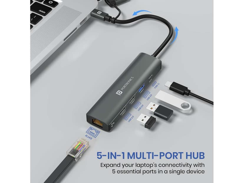 Portronics Mport Edge,5 Ports Dual USB Hub Dock, Superfast USB 3.0, High Speed 2.0, Type-C 5V2A Port, 100 Mbps RJ45 Ethernet, Versatile & High-Speed Connectivity Hub for Laptops & Desktops view 2