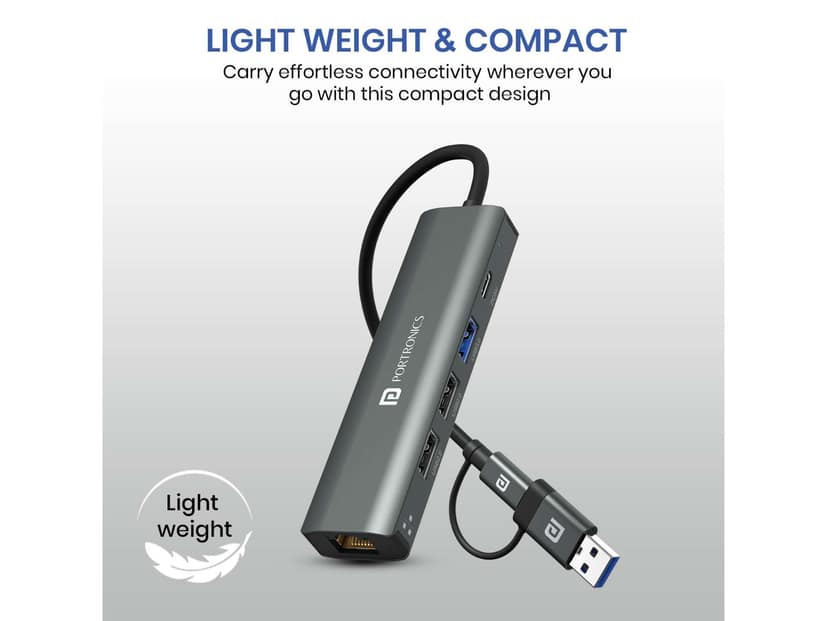 Portronics Mport Edge,5 Ports Dual USB Hub Dock, Superfast USB 3.0, High Speed 2.0, Type-C 5V2A Port, 100 Mbps RJ45 Ethernet, Versatile & High-Speed Connectivity Hub for Laptops & Desktops view 3