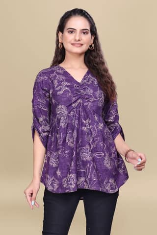 Purple Printed Cotton V-Neck Top with Three-Quarter Sleeves
