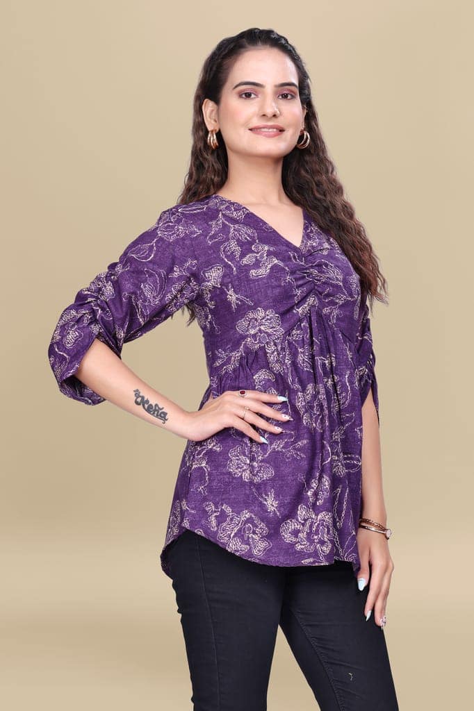 Purple Printed Cotton V-Neck Top with Three-Quarter Sleeves view 3