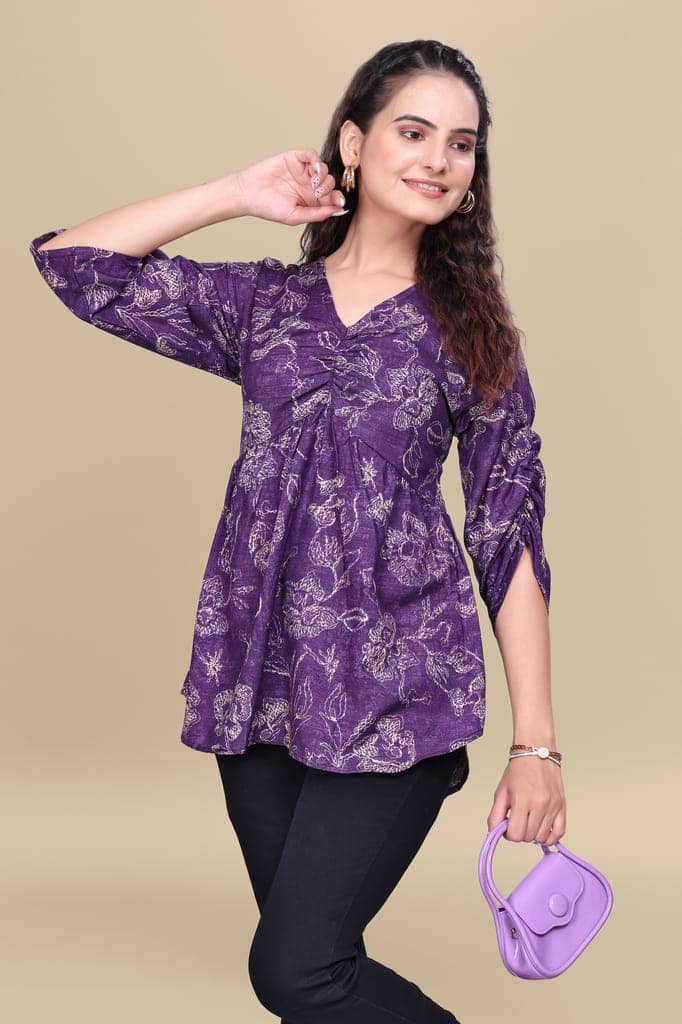 Purple Printed Cotton V-Neck Top with Three-Quarter Sleeves view 4